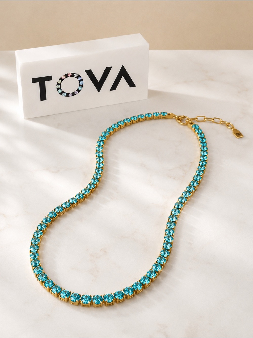 TOVA RARE Aqua Crystal Tennis Necklace | Gold Tone| Convertible extension option